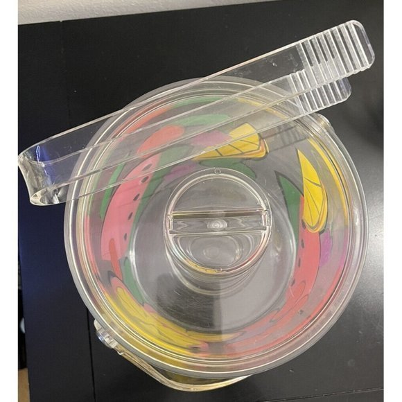 EUC Vintage 1990’s Ice Bucket Fruit Watermelon Acrylic Lucite Plastic Tongs Lid‎ - Picture 4 of 4